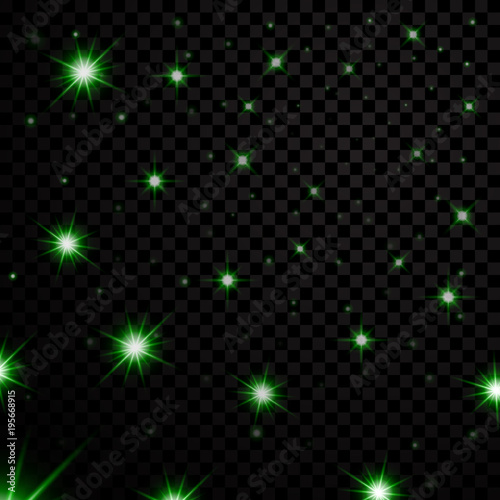 Green light stars on black transparent background. Abstract bokeh glowing design. Shine bright elements. Shiny fantasy glow in dark. Vector illustration