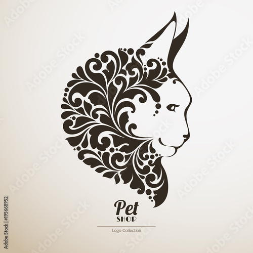 Logo pet shop. Ornate cat icon Decorative maine coon vector illustration.