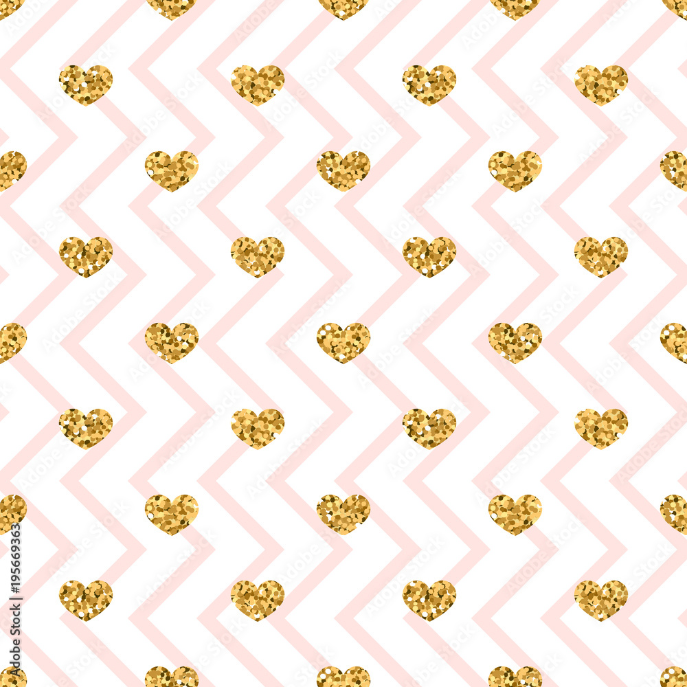 Gold heart seamless pattern. Pink-white geometric zig zag, golden confetti-hearts. Symbol of love, Valentine day holiday. Design wallpaper, background, fabric texture. Vector illustration