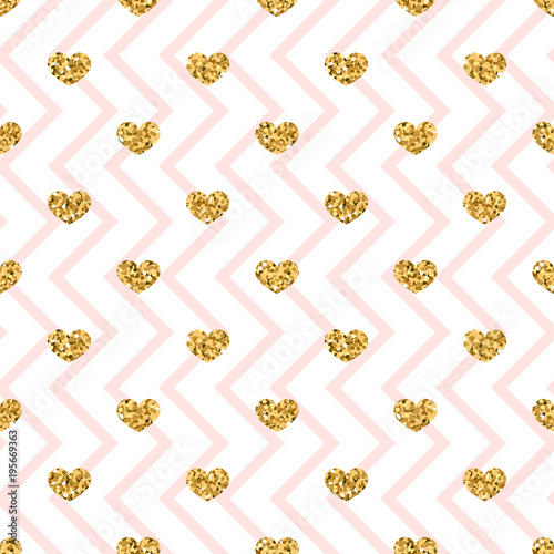 Gold heart seamless pattern. Pink-white geometric zig zag, golden confetti-hearts. Symbol of love, Valentine day holiday. Design wallpaper, background, fabric texture. Vector illustration