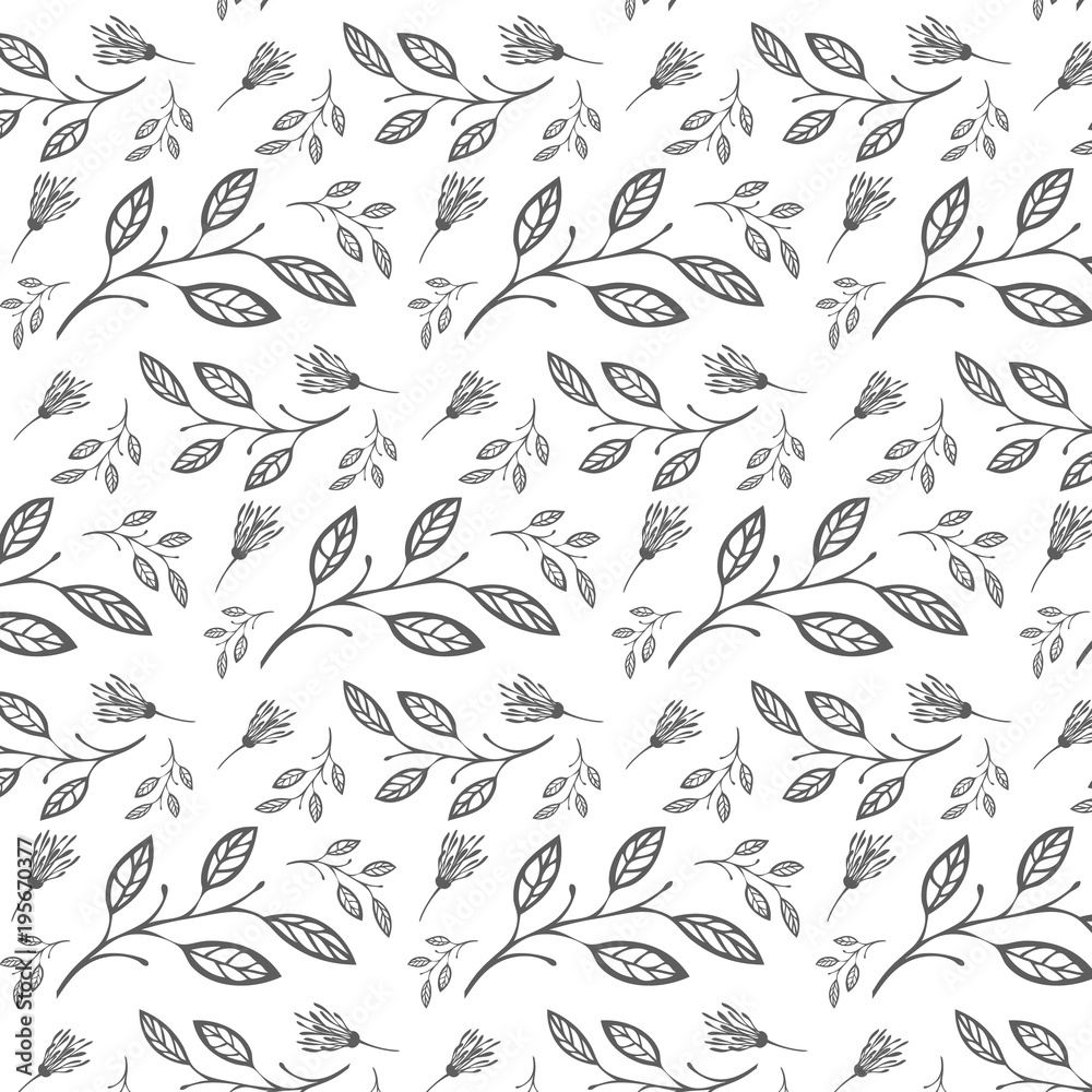 Ornament Flora pattern with gray leaves and flowers on white background