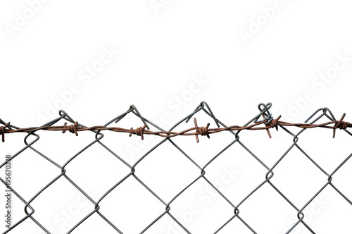 Barbed Wire Mesh Fence, Rust Barb Detail, Isolated Horizontal Rusty Barbwire, Old Aged Weathered Rusted Grey Iron, Grungy Large Detailed Macro Closeup, Grunge Vintage Security Concept Metaphor photo
