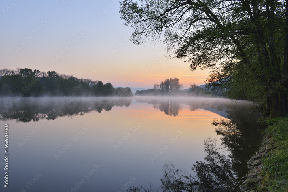 River Main in the Dawn, Spring, Dorfprozelten, Spessart, Franconia, Bavaria, Germany River Main in the Dawn, Spring, Dorfprozelten, Spessart, Franconia, Bavaria, Germany