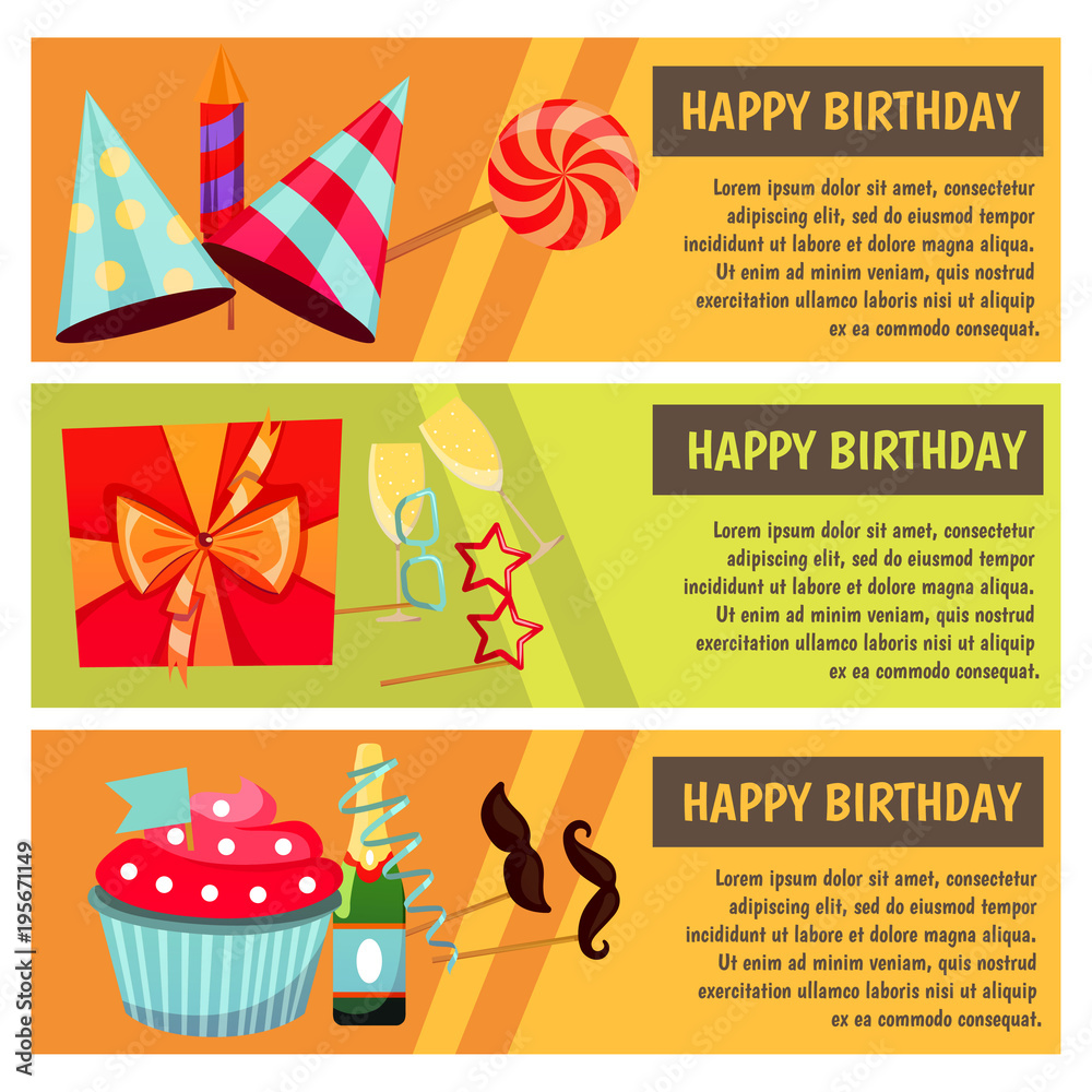 Birthday party. Banners for birthday party, cafe, restraurant. Vector flat design.