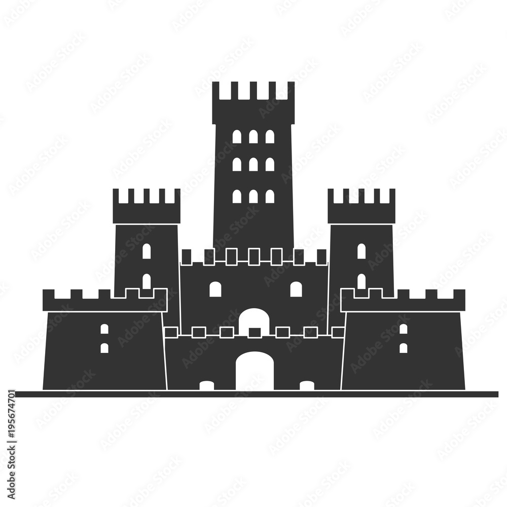 Medieval castle icon vector. Castle tower silhouette in a flat style. Knights, royal, princess castle sign.