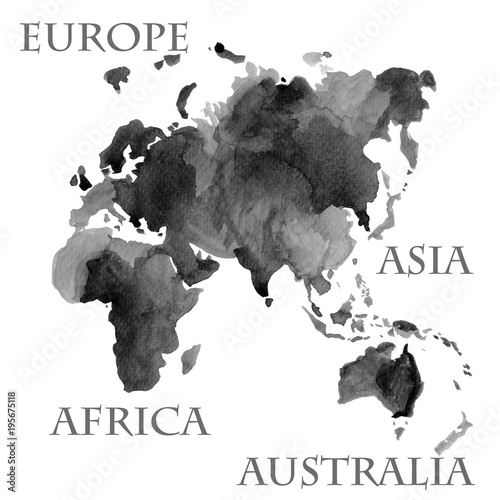 Obraz na płótnie Akwarelowe mapy świata, takie jak Europa, Azja, Afryka i Australia malowane farbą w czarnym kolorze
