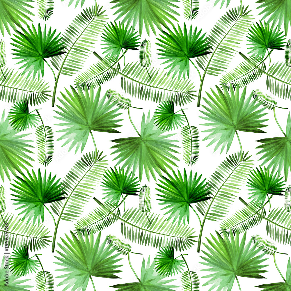 Tropical green palm leaf pattern set watercolor illustrated