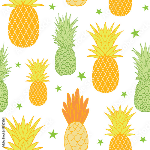 Pineapples and stars vector background seamless repeat pattern. Summer colorf...