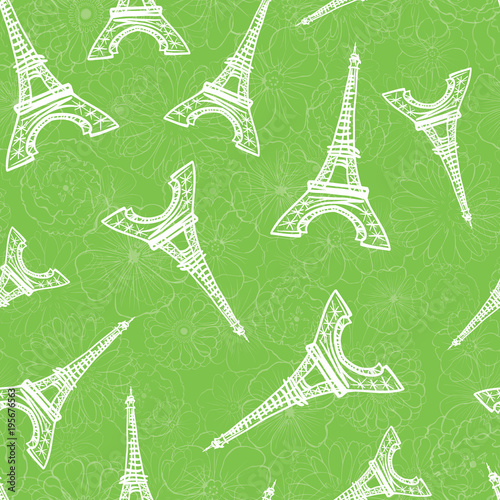 Vector Green Eifel Tower Paris and Roses Flowers Seamless Repeat Pattern. Per...