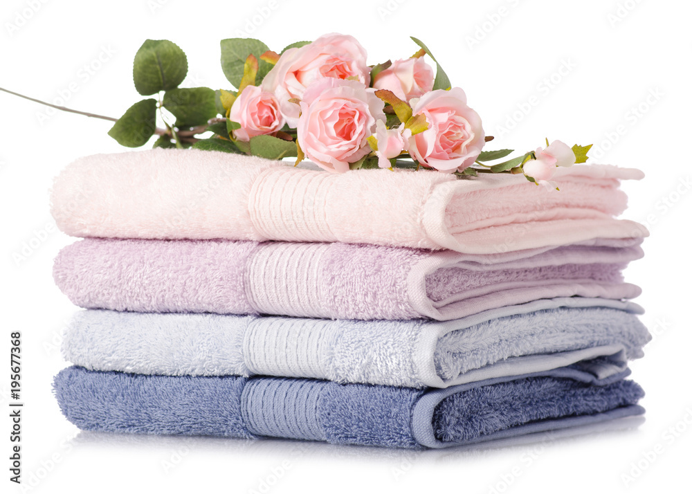 A stack set of towels pink blue flowers A stack set of towels pink blue flowers