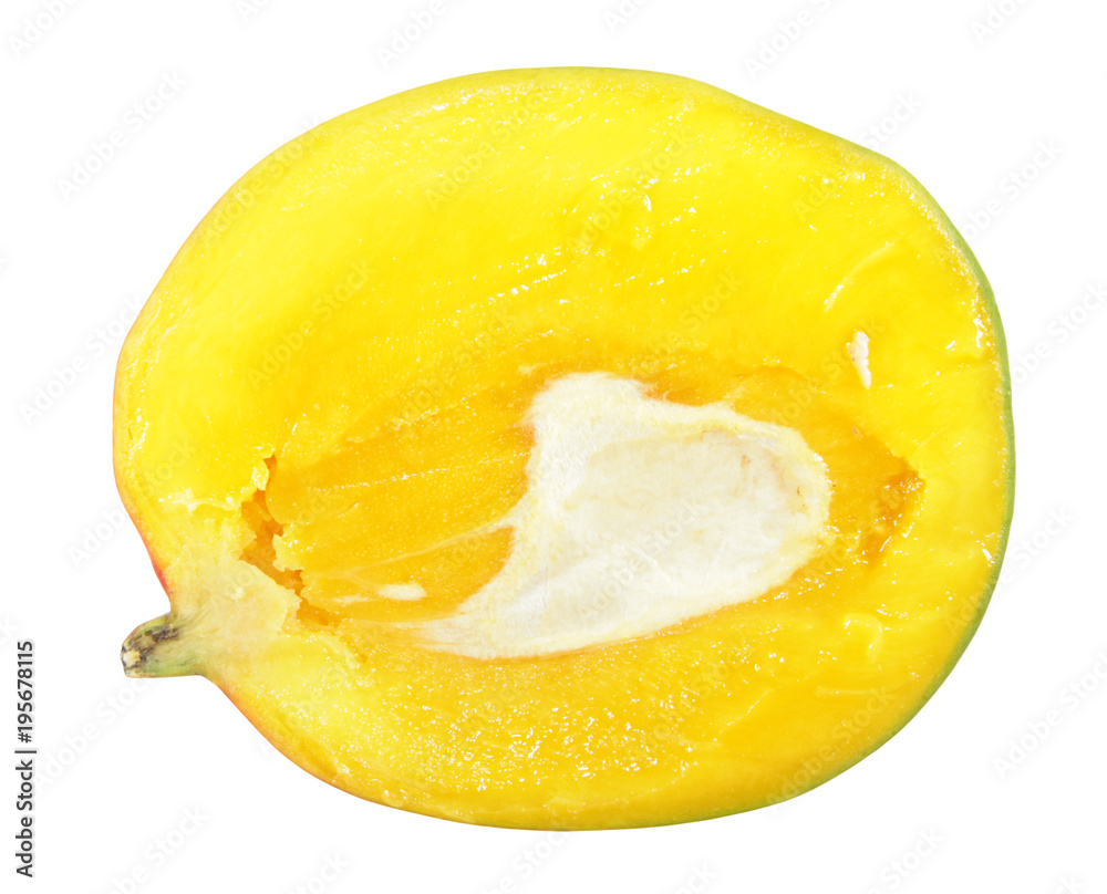 Ripe yellow mango fruit cut in half inside longitudinal section isolated on white background