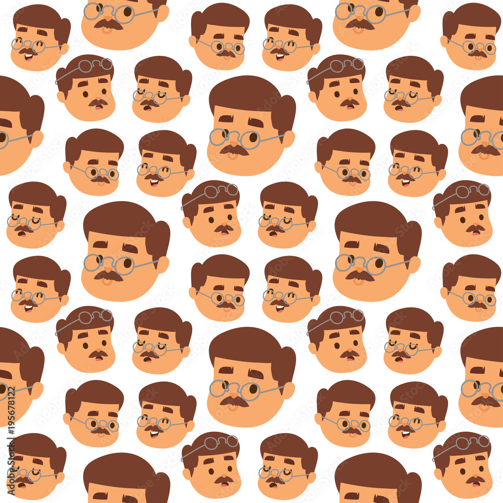 Mustache man head vector character hair hipster curly beard barber and gentleman symbol fashion adult human facial seamless pattern background illustration. Mustache man head vector character hair hipster curly beard barber and gentleman symbol fashion adult human facial seamless pattern background illustration.