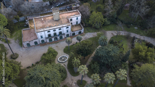 Aerial view of Villa Sciarra is an urban villa in Rome located on the slopes of the Gianicolo hill between the districts of Trastevere and Monteverde, next to the Gianicolan Walls. Now it is a park.