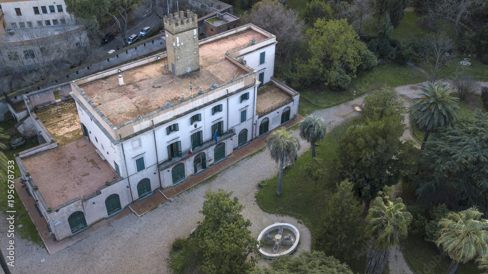 Aerial view of Villa Sciarra is an urban villa in Rome located on the slopes of the Gianicolo hill between the districts of Trastevere and Monteverde, next to the Gianicolan Walls. Now it is a park.