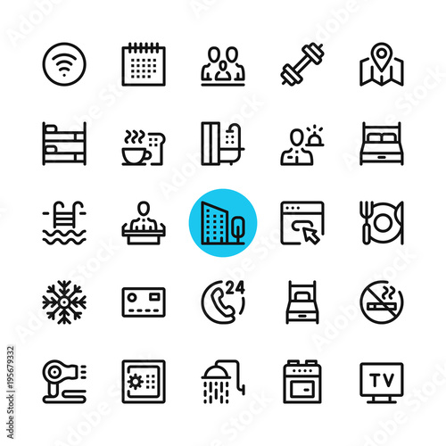 Hotel facilities, hotel services line icons set. Modern graphic design concepts, simple outline elements collection. 32x32 px. Pixel perfect. Vector line icons
