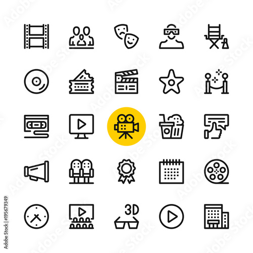 Cinema, film industry, video production line icons set. Modern graphic design concepts, simple outline elements collection. 32x32 px. Pixel perfect. Vector line icons