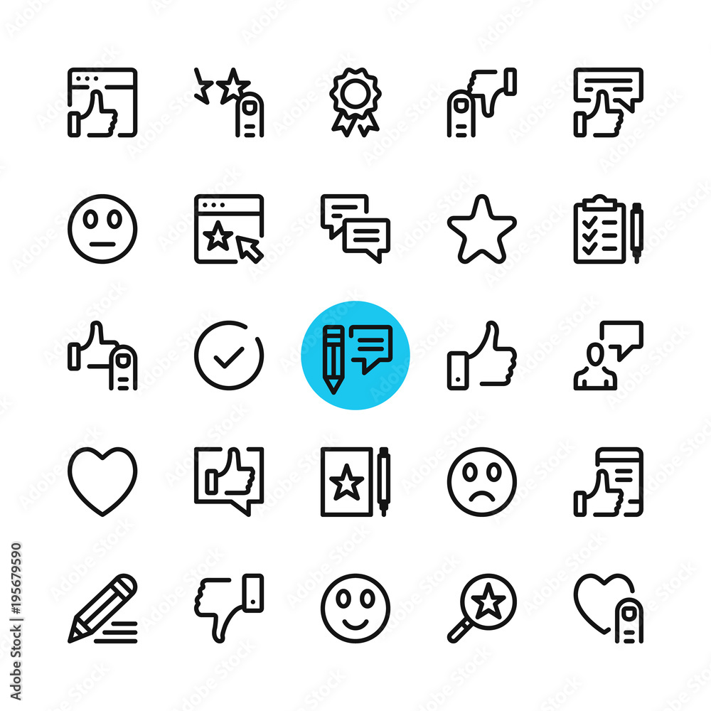 Testimonials, feedback, customer satisfaction, review line icons set. Modern graphic design concepts, simple outline elements collection. 32x32 px. Pixel perfect. Vector line icons