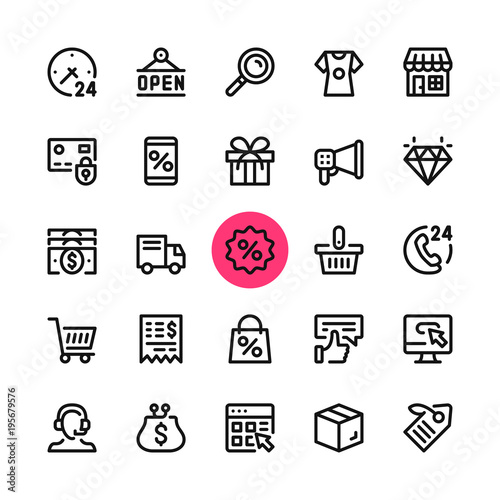 E-commerce, online shopping, ecommerce line icons set. Modern graphic design concepts, simple outline elements collection. 32x32 px. Pixel perfect. Vector line icons