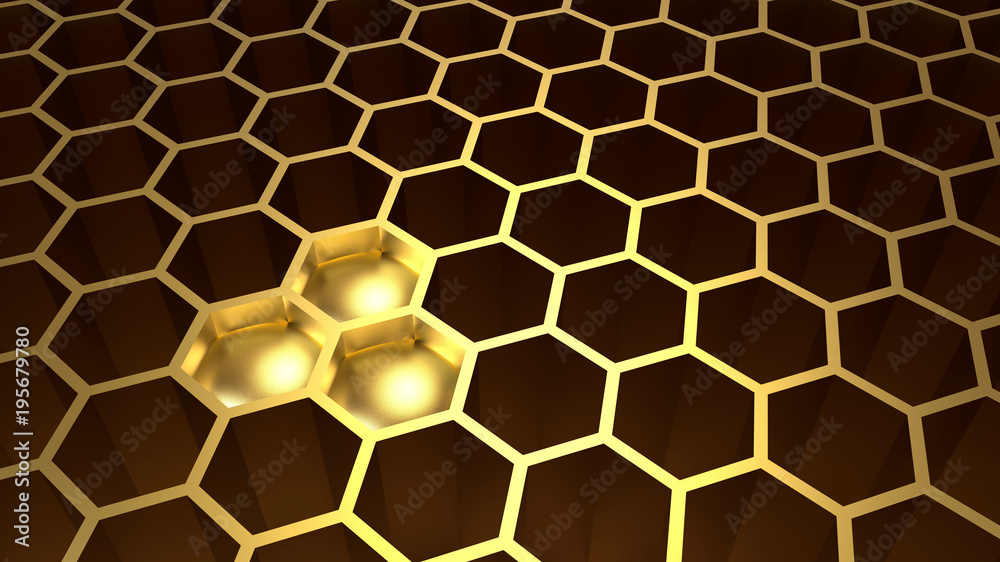 Golden hexagonal honeycomb with three full hole with gold. Abstract background, 3d illustration Golden hexagonal honeycomb with three full hole with gold. Abstract background, 3d illustration
