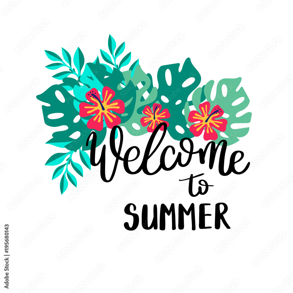 Welcome to summer. Summer quote. Handwritten for holiday greeting cards. Hand drawn illustration. Handwritten lettering. Hand Drawn lettering. Summer card design elements. Vector 10 eps