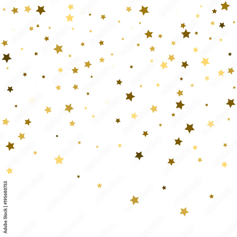 Abstract pattern of random falling gold stars on white background. Glitter pattern for banner, greeting card, Christmas and New Year card, invitation, postcard, paper packaging. Vector illustration