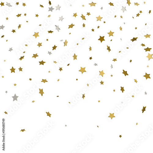 Festive flying gold stars shower. 3d. Vector illustration