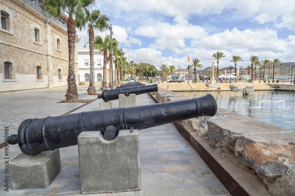 Port view,promenade and old cannons in Cartagena,Spain.