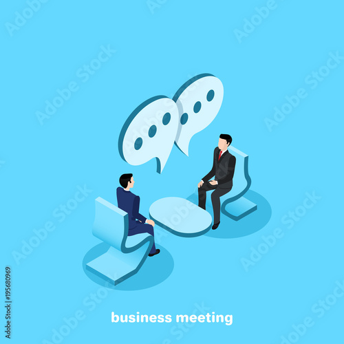 men in business suits are sitting opposite each other and talking, an isometric image