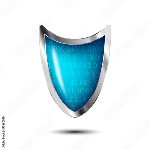 Cyber security antivirus concept with silver blue shield and numbers. Protected web privacy technology design.  Vector.