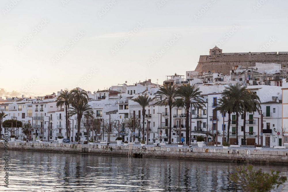General city view and port at dawn,Ibiza, Balearic Islands.Spain.