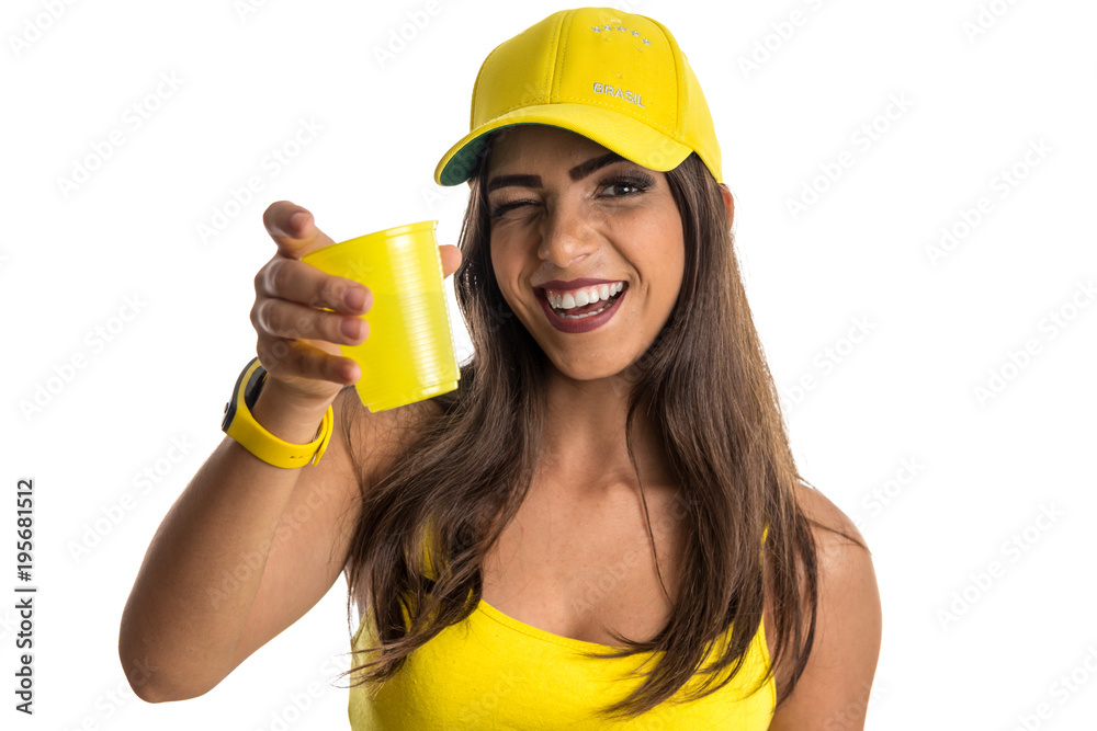 Brazilian woman fan celebrating on soccer match on white background. Brazilian woman fan celebrating on soccer match on white background.
