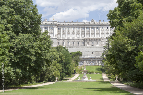 Jardines, gardens, Campo del Moro. At background Palacio Real, Royal Palace.Madrid,Spain.