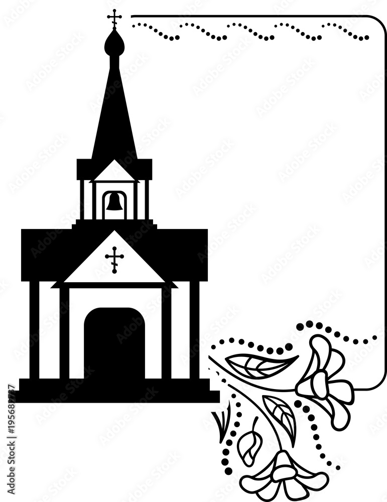 Black and white floral frame with abstract christian temple. 