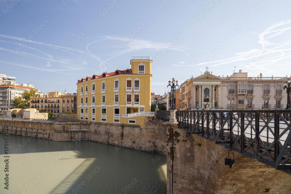 General city view and Segura river,historic center,Murcia,Spain.