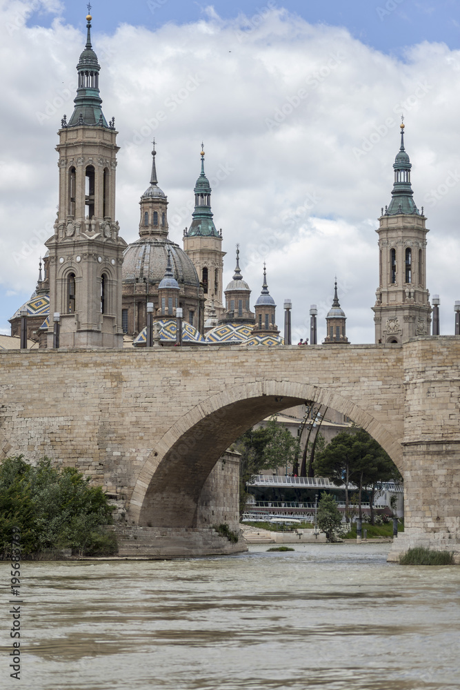 Zaragoza, monument, El Pilar, stone bridge and Ebro river.Spain.