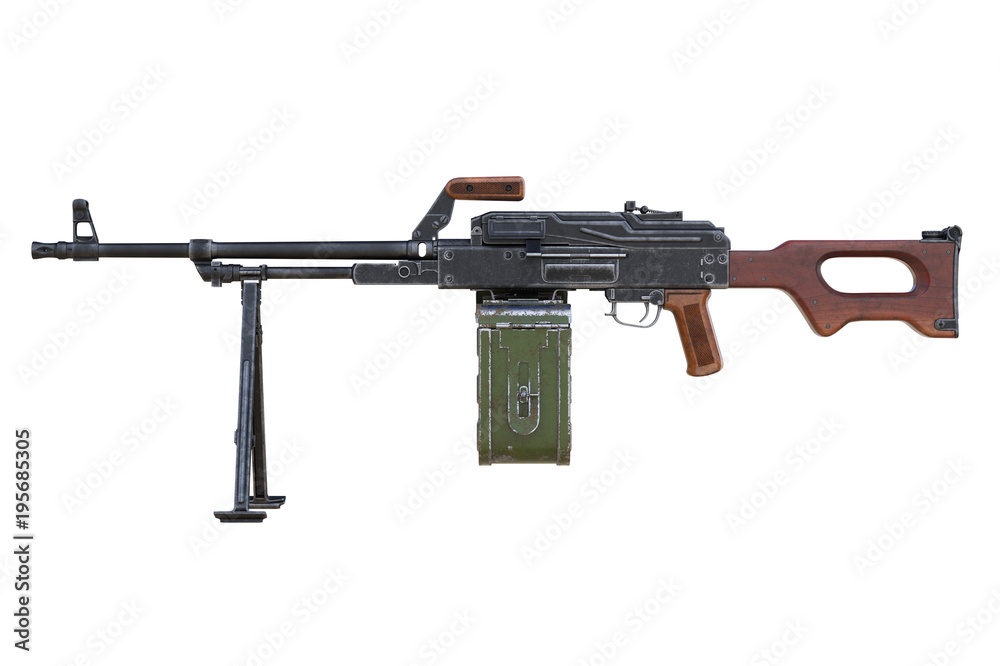 Gun machine automatic firearm, side view. 3D rendering Gun machine automatic firearm, side view. 3D rendering