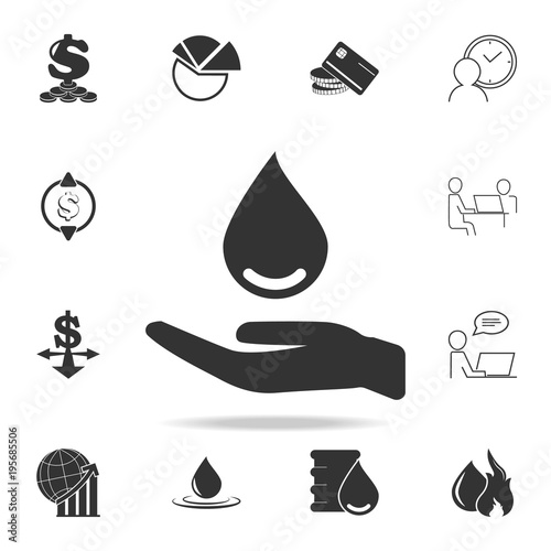 hand with oil drop icon. Detailed set of finance, banking and profit element icons. Premium quality graphic design. One of the collection icons for websites, web design