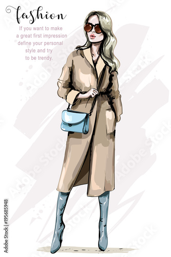 Fashion woman in stylish coat. Beautiful young woman with bag. Elegant girl in fashion clothes. Sketch.
