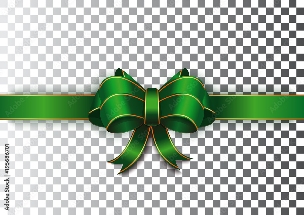 Green ribbon with a bow on a transparent background. Green festive