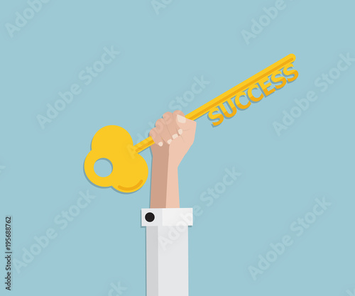 illustration of businessman hand holding golden key of success