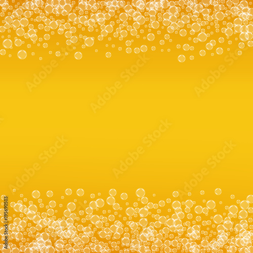 Beer background with realistic bubbles. Cool liquid drink for pub and bar menu design, banners and flyers. Yellow square beer background with white frothy foam. Cold pint of golden lager or ale.