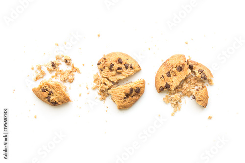 homemade chocolate chip cookies on white background in top view