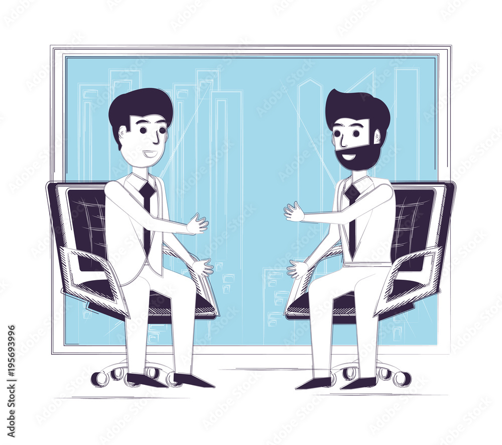 Sketch of businessmen sitting on desk chairs over white background, colorful design vector illustration Sketch of businessmen sitting on desk chairs over white background, colorful design vector illustration