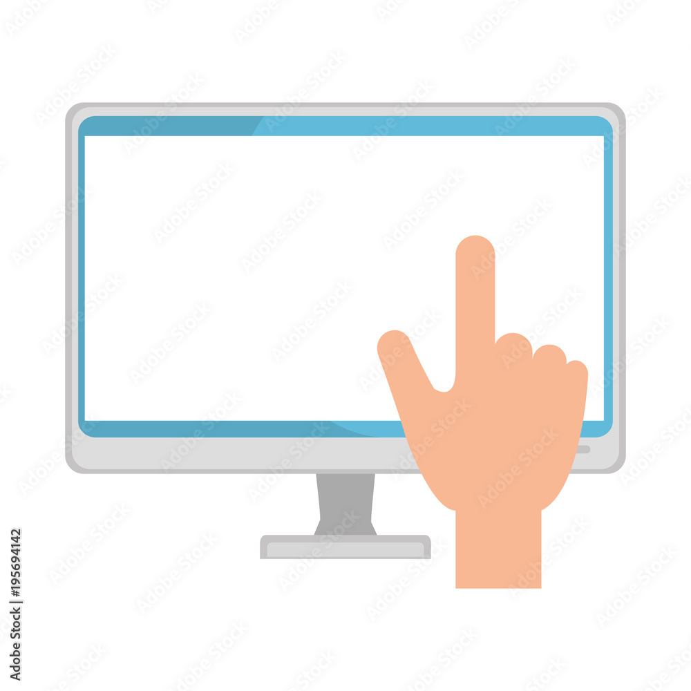 computer display with hand touching computer display with hand touching
