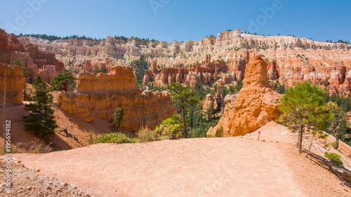 Video in motion along the trail on the top of the mountains. Walk along the path. Nature video. Amazing mountain landscape. Bryce Canyon National Park. Utah.USA. 4K, 3840*2160, high bit rate