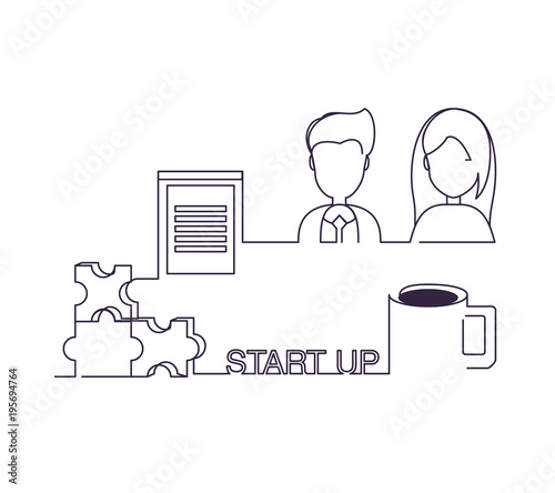 One line design of start up concept with avatar man and woman with related icons over white background, vector illustration