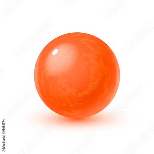 Realistic glass sphere with shadows, reflection of sky in mirror surface of orange pearl