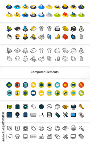 Set of icons in different style - isometric flat and otline, colored and black versions