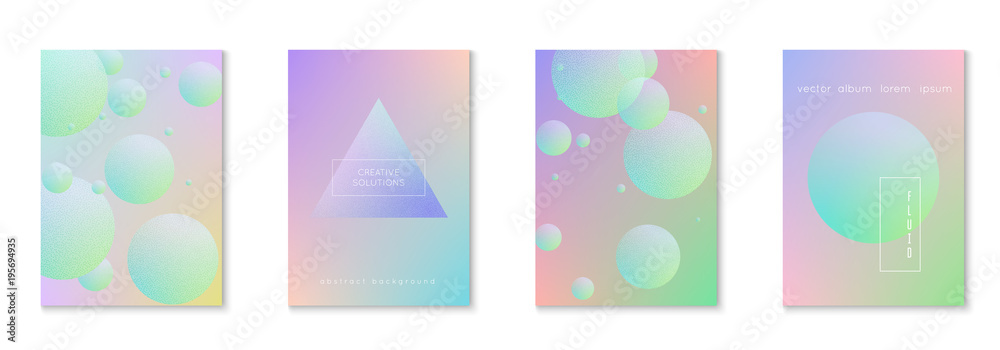 Holographic fluid set with radial circles. Geometric shapes on gradient background. Modern hipster template for poster, cover, banner, flyer, report, brochure. Minimal holographic fluid in neon colors