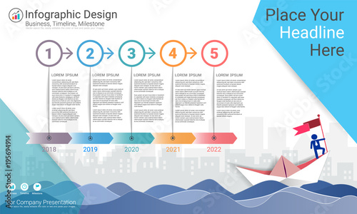 Business infographics template, Milestone timeline or Road map with Process flowchart 5 options, Strategic plan to define company values, Scheduling in project management to make facts and statistics.
